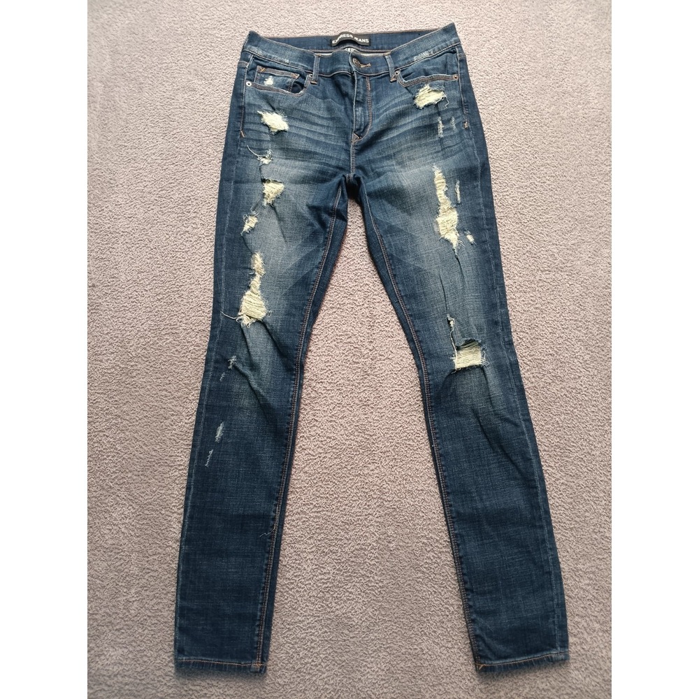 Express Jeans Women's 10L Skinny Distressed Ripped Dark Wash Stretch Denim Pants